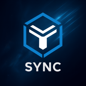Sync Spoofer logo displayed on a dark blue digital background with glowing streaks.