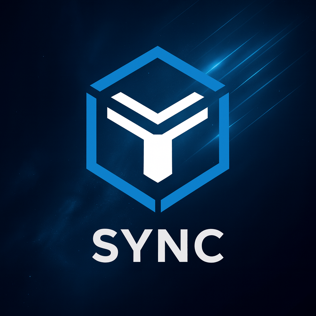 Sync Spoofer logo displayed on a dark blue digital background with glowing streaks.